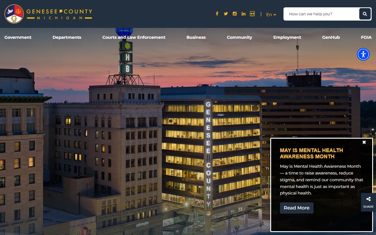 Genesee County government home page used for Genesee County court records navigation