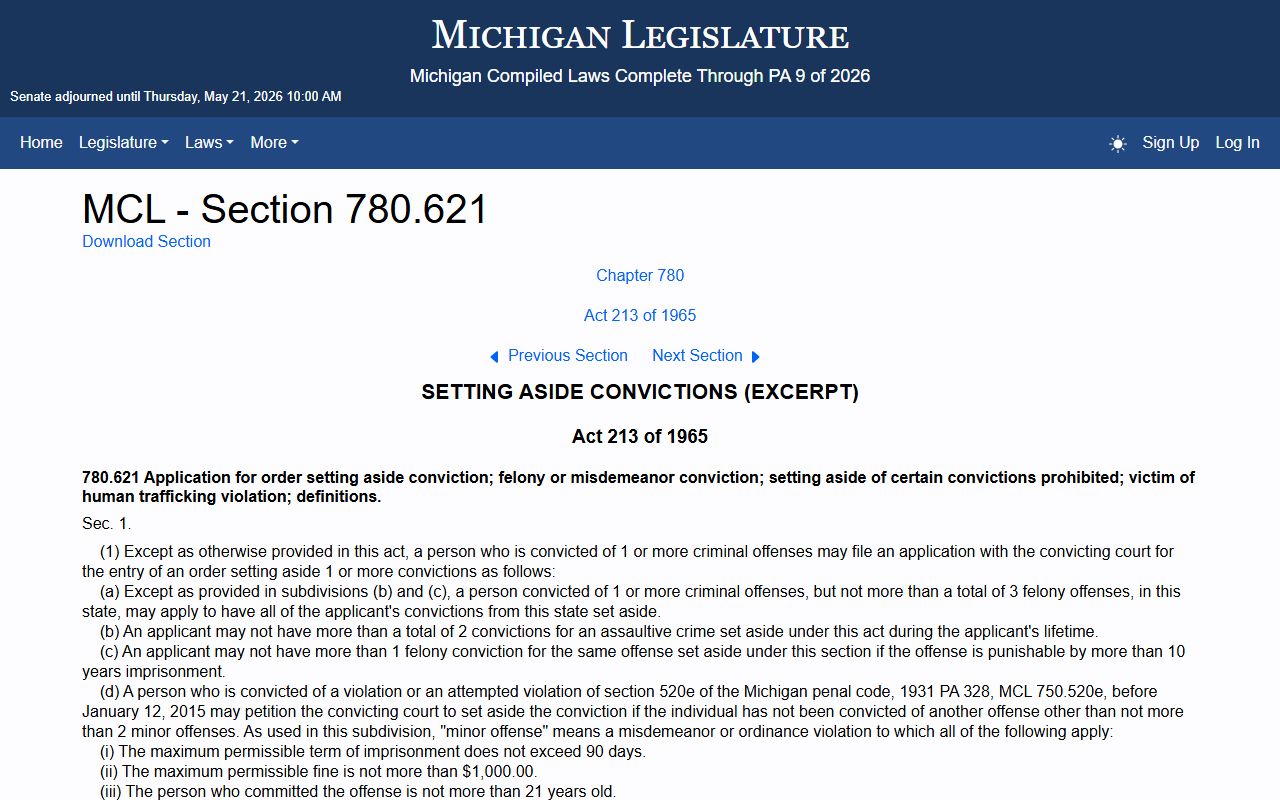 MCL 780.621 set-aside statute that governs Genesee County criminal court records