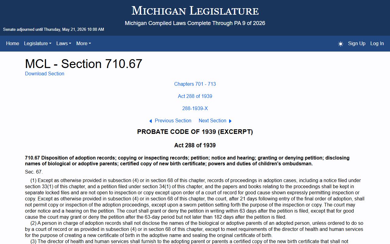MCL 710.67 adoption record confidentiality applies to Genesee County probate records