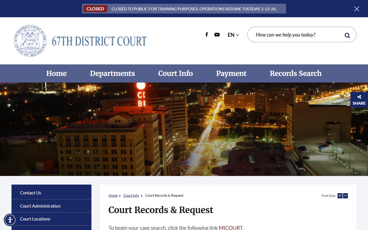 67th District Court records request page for Genesee County court records before 2014