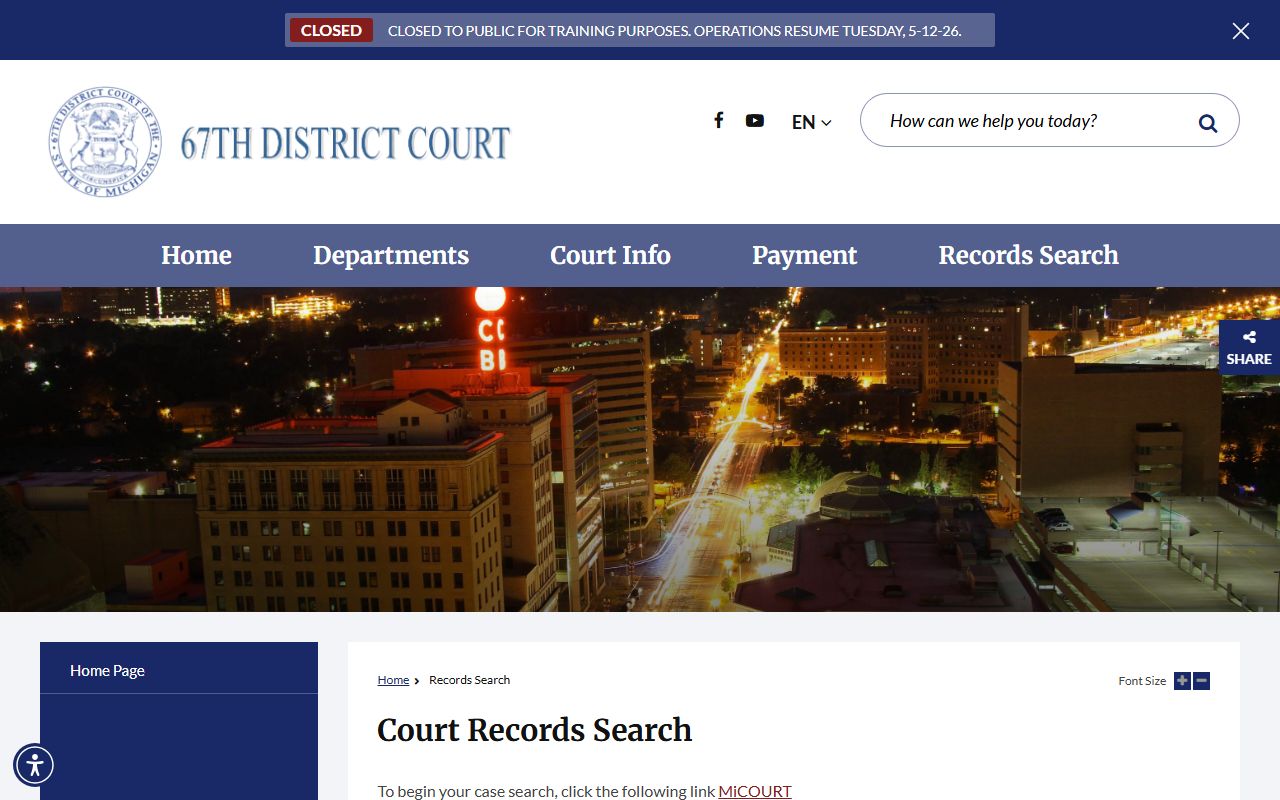 67th District Court records search page for Genesee County court records lookups