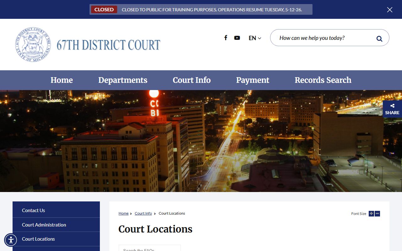 67th District Court locations page for Genesee County divisions