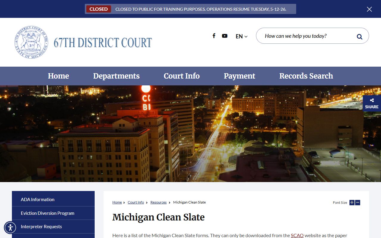 67th District Court Michigan Clean Slate forms for Genesee County set-aside