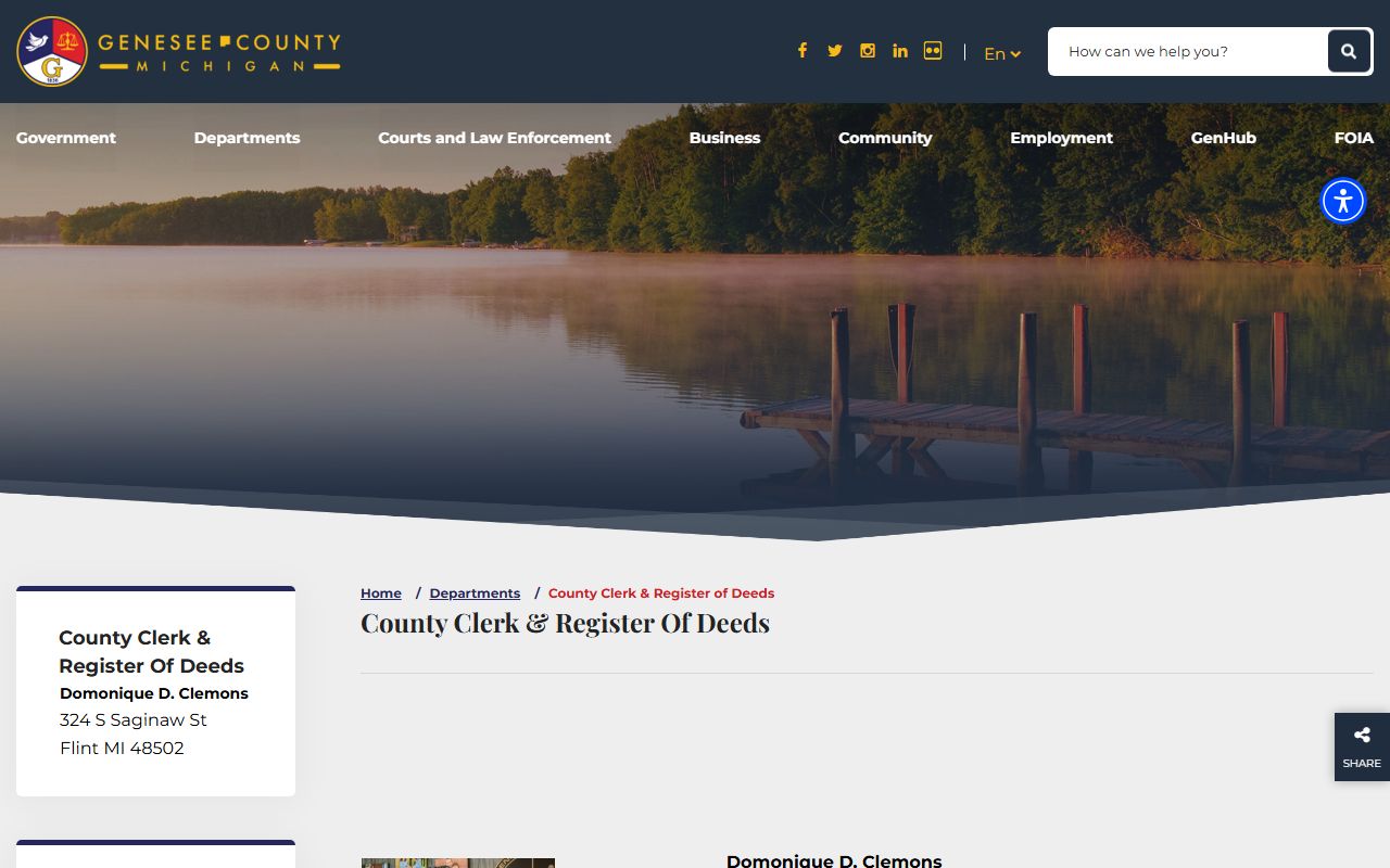 Genesee County Clerk and Register page covering marriage records and Vital Records
