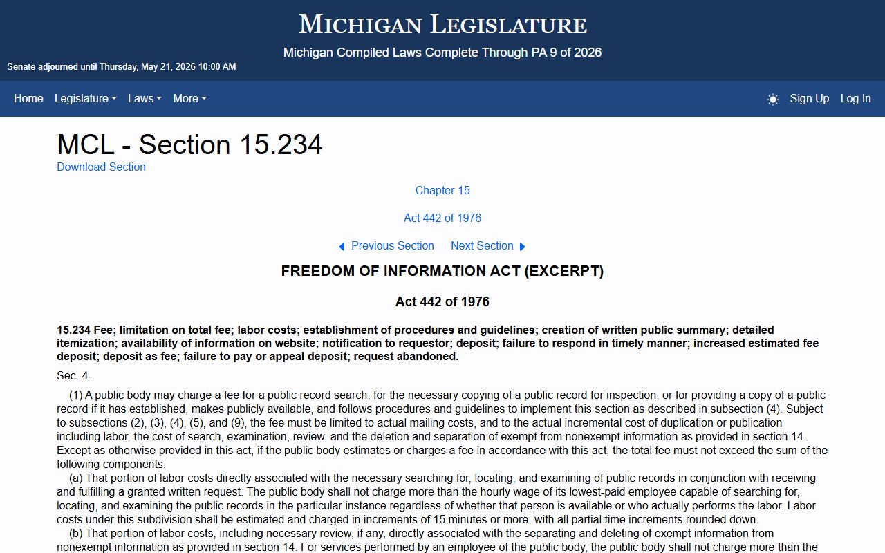 MCL 15.234 FOIA fees that govern Genesee County public records charges